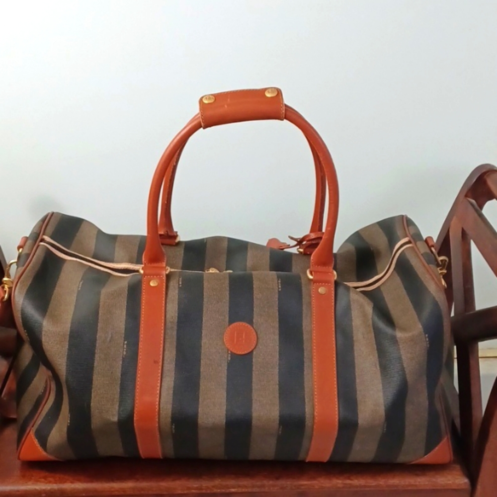 Vintage *RARE* Fendi Pequin Stripe & Cognac  Duffle/Weekender Bag (Large 50cm)